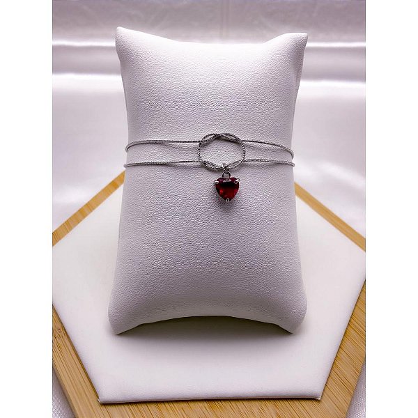 PULSEIRA AÇO INOX DUPLA NÓ CORAÇÃO PEDRA VERMELHA - PRATEADA (17CM+4CM EXTENSOR)