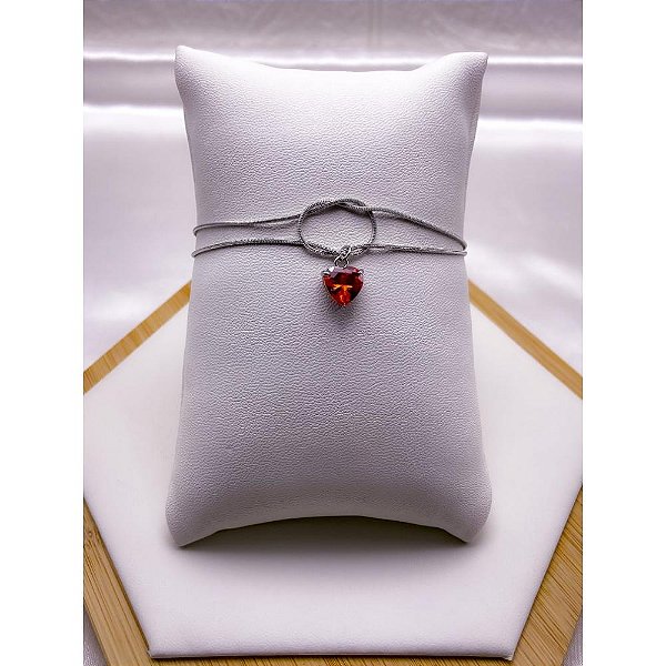 PULSEIRA AÇO INOX DUPLA NÓ CORAÇÃO PEDRA VERMELHO CLARO - PRATEADA (17CM+4CM EXTENSOR)
