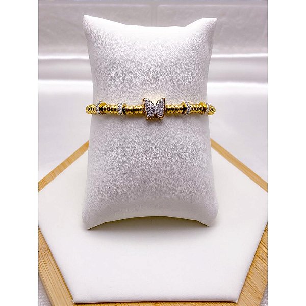 PULSEIRA AÇO INOX BORBOLETA STRASS FECHO REGULÁVEL - DOURADA