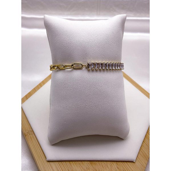 PULSEIRA AÇO INOX CORRENTE E BAGUETE CRISTAL  FECHO T - DOURADA