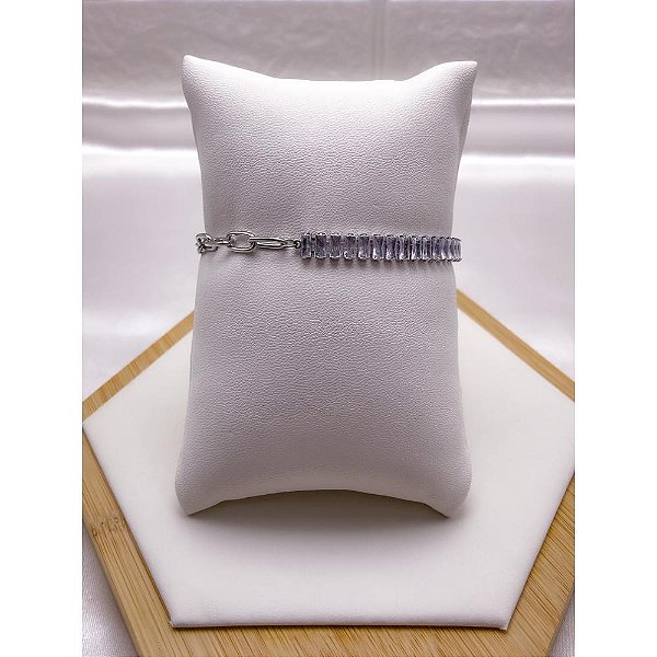 PULSEIRA AÇO INOX CORRENTE E BAGUETE CRISTAL  FECHO T - PRATEADA