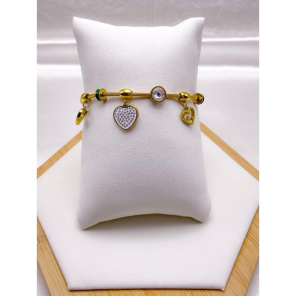 BRACELETE AÇO INOX CORAÇÃO CRAVEJADO FECHO DE IMÃ  - DOURADA