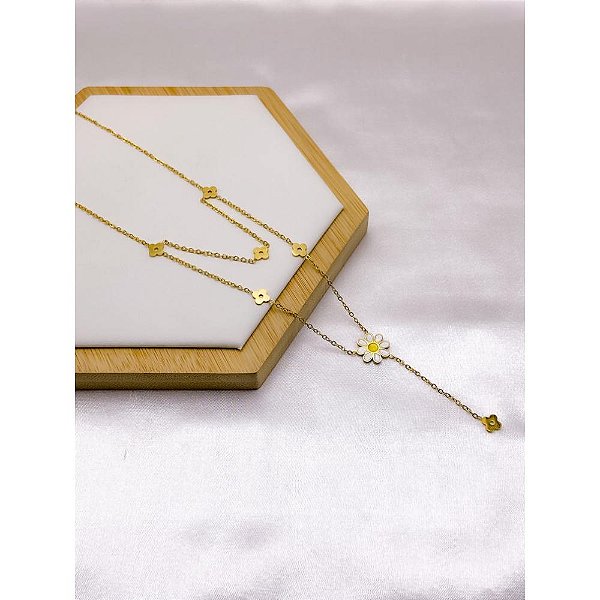 COLAR AÇO INOX LONGUINHO 50CM FLOR - DOURADO