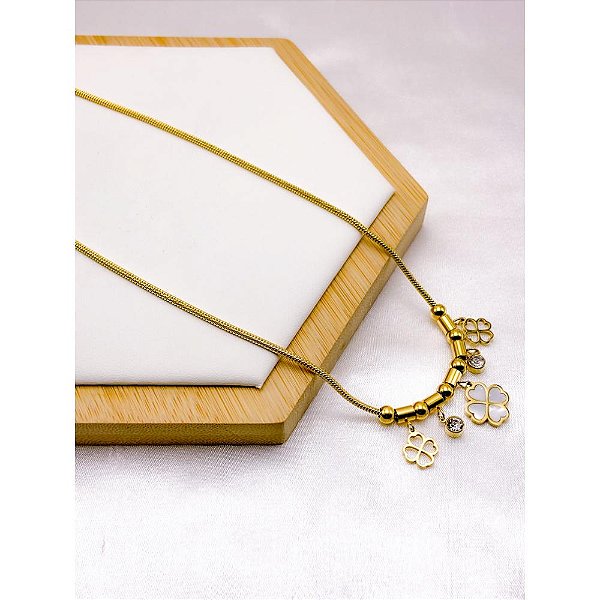 COLAR AÇO INOX 45CM PINGENTE TREVO PEROLADO - DOURADO