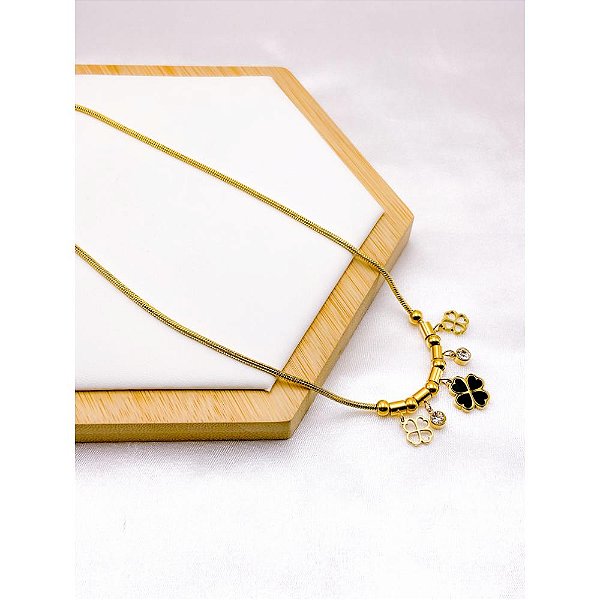 COLAR AÇO INOX  45CM PINGENTE TREVO PRETO - DOURADO