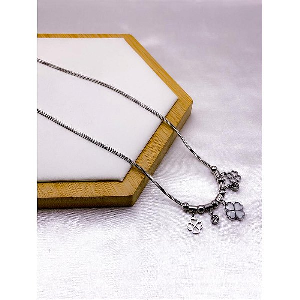 COLAR AÇO INOX  45CM PINGENTE TREVO PEROLADO - PRATEADO