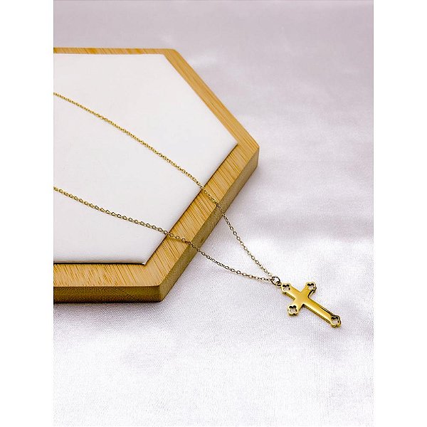 COLAR AÇO INOX  45CM PINGENTE CRUZ - DOURADO