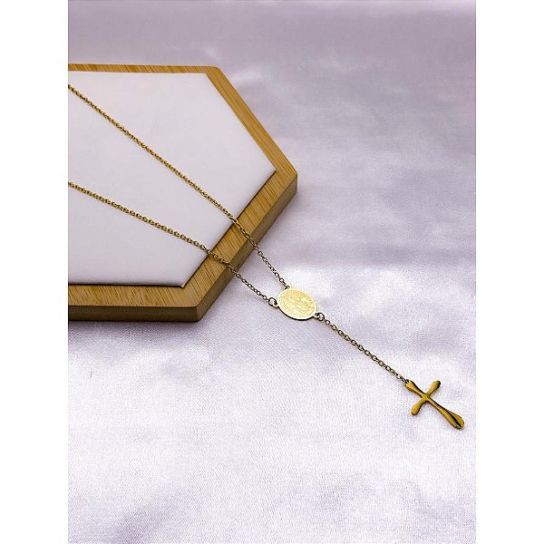 COLAR AÇO INOX  55CM NOSSA SENHORA DAS GRAÇAS  - DOURADO