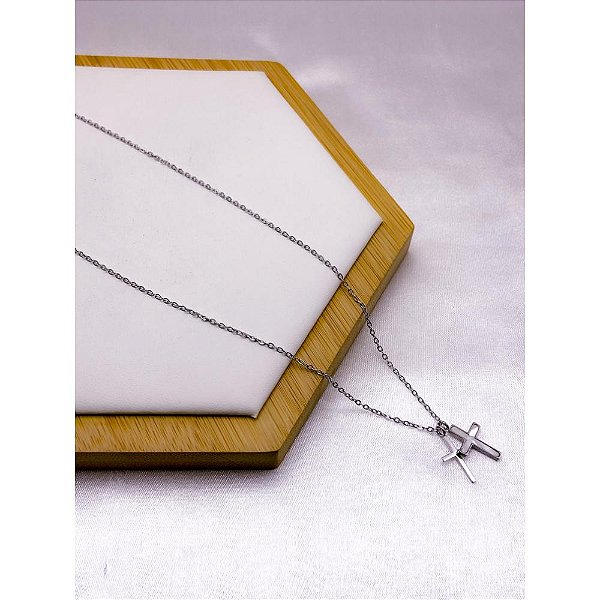 COLAR AÇO INOX  45CM CRUZ PEROLADA  - PRATEADO
