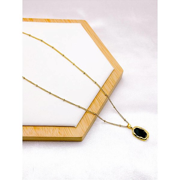 COLAR AÇO INOX  45CM CRUZ PEDRA PRETA  - DOURADO