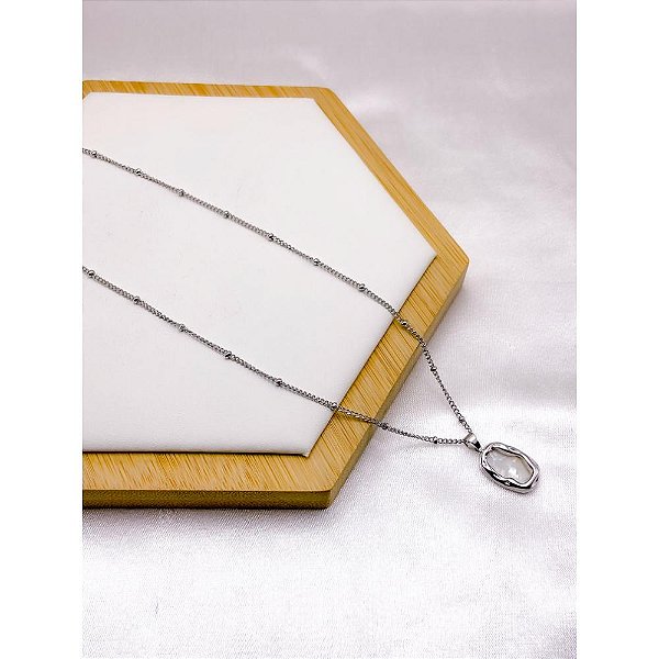 COLAR AÇO INOX  45CM CRUZ PEDRA PEROLADA  - PRATEADO