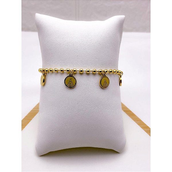 PULSEIRA AÇO INOX CORRENTE  BOLINHAS PINGENTES NOSSA SENHORA - DOURADA