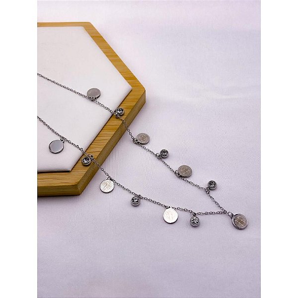 COLAR AÇO INOX  45CM SÃO BENTO PEDRA CRISTAL - PRATEADO