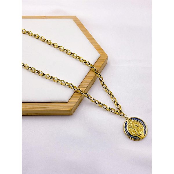 COLAR AÇO INOX  45CM ELO PORTUGUES PINGENTE SÃO BENTO - DOURADO