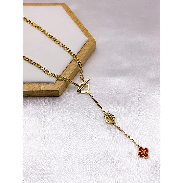 COLAR AÇO INOX  45CM ESTILO GRAVATINHA FECHO T TREVO VERMELHO - DOURADO