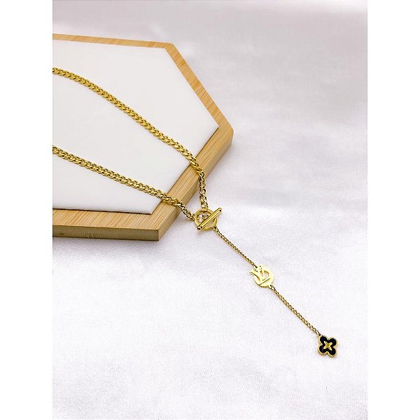 COLAR AÇO INOX  45CM ESTILO GRAVATINHA FECHO T TREVO PRETO - DOURADO
