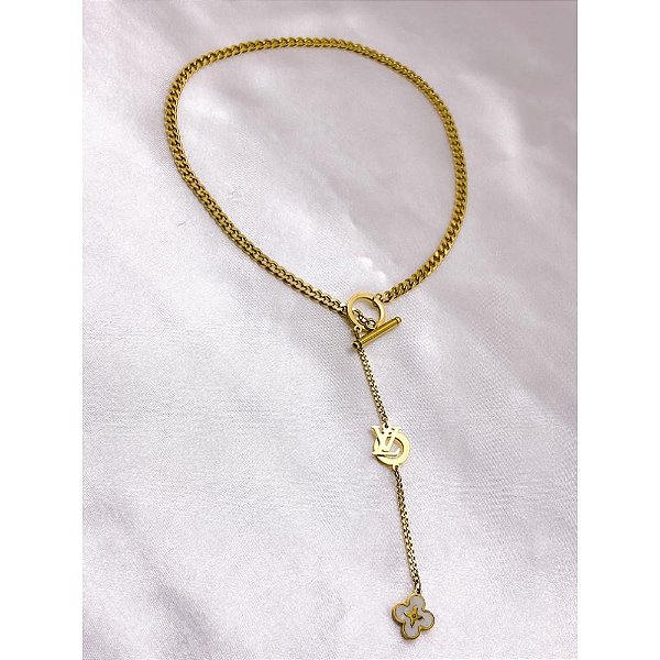 COLAR AÇO INOX  45CM ESTILO GRAVATINHA FECHO T TREVO PEROLADO - DOURADO