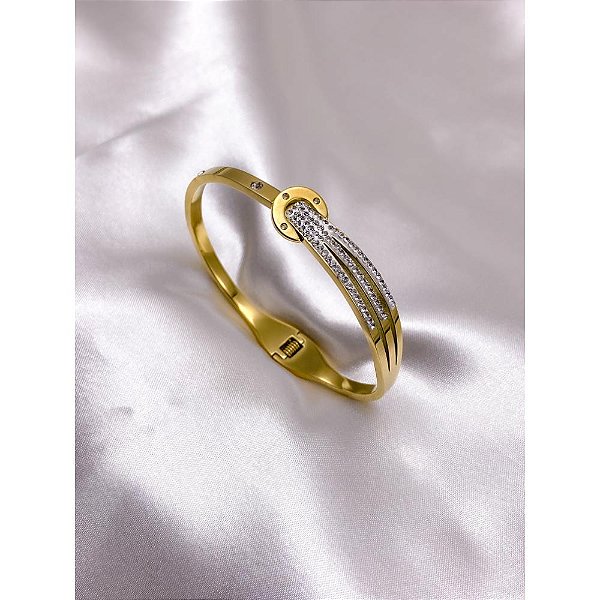 BRACELETE AÇO INOX FIVELA 3 FIOS  CRAVEJADO - DOURADO