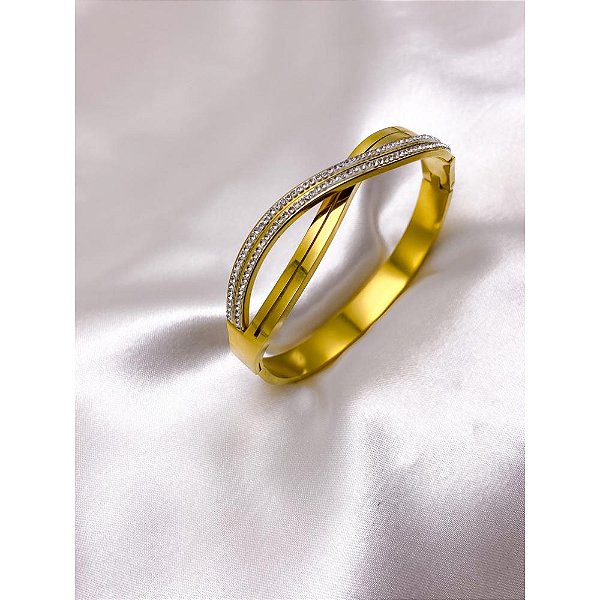 BRACELETE AÇO INOX 2 FIOS ENTRELAÇADOS CRAVEJADO - DOURADO