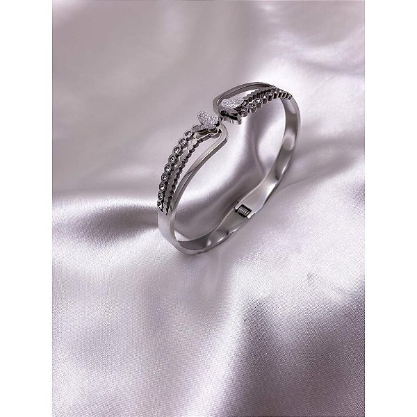 BRACELETE AÇO INOX BORBOLETA DIAMANTADA PEDRA CRISTAL - PRATEADO