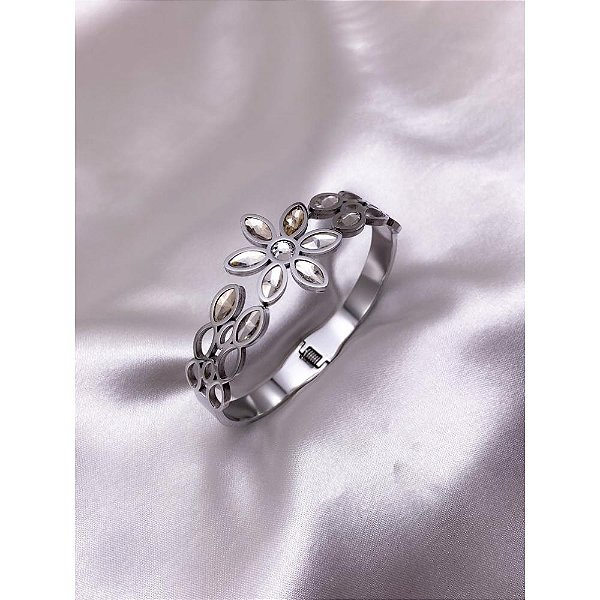 BRACELETE AÇO INOX FLOR PEDRA CRISTAL - PRATEADO