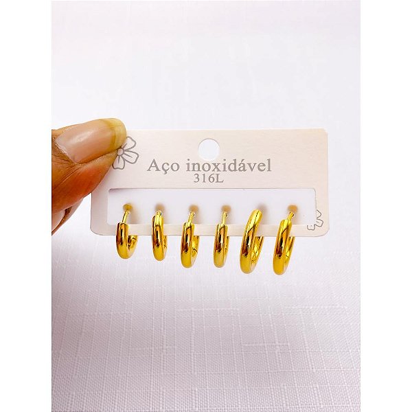 CARTELA BRINCO TRIO ARGOLINHA CLICK  AÇO INOX - DOURADO