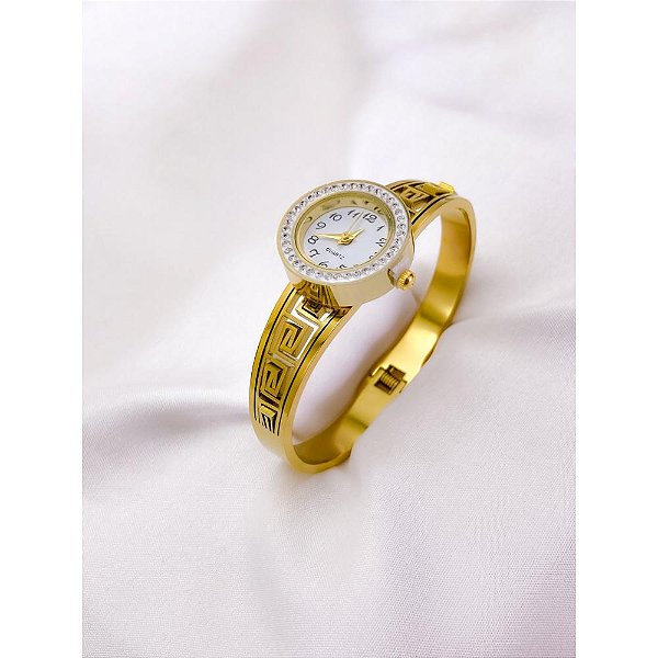 BRACELETE RELOGIO AÇO INOXIDÁVEL CORRENTARIA CRAVEJADO STRASS - DOURADO