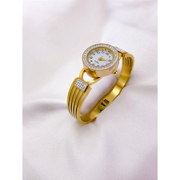 BRACELETE RELOGIO AÇO INOXIDÁVEL 3 FIOS CRAVEJADO STRASS - DOURADO