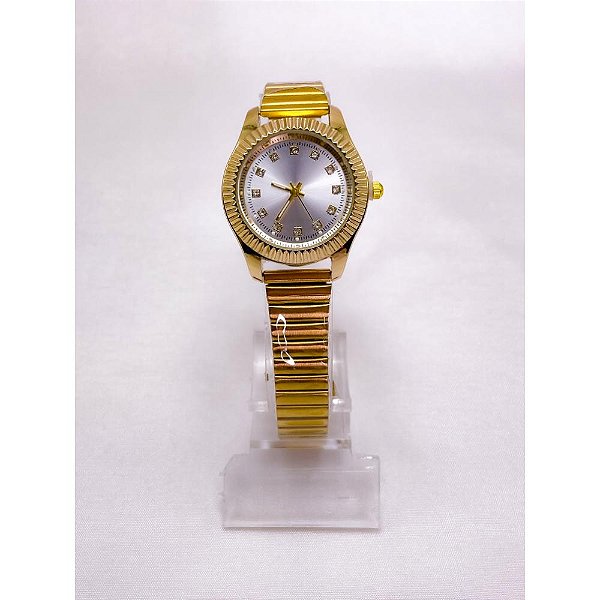 RELÓGIO AÇO INOXIDAVEL FEMININO VISOR REDONDO FUNDO BRANCO - DOURADO
