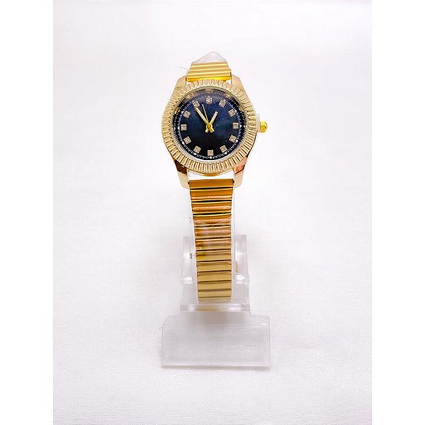 RELÓGIO AÇO INOXIDAVEL FEMININO VISOR REDONDO FUNDO PRETO - DOURADO