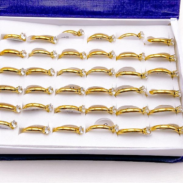 CAIXA ANEL AÇO INOXIDÁVEL SOLITARIO 4MM PEDRA CRISTAL - DOURADO (36 UNIDADES)
