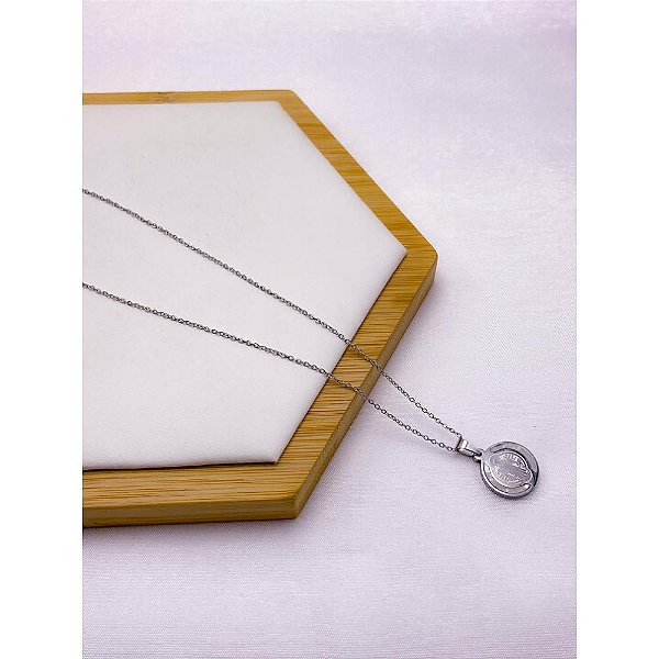 COLAR AÇO INOX  45CM PINGENTE SÃO BENTO PEROLADO - PRATEADO