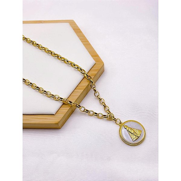 COLAR AÇO INOX  45CM ELO PORTUGUES PINGENTE NOSSA SENHORA - DOURADO
