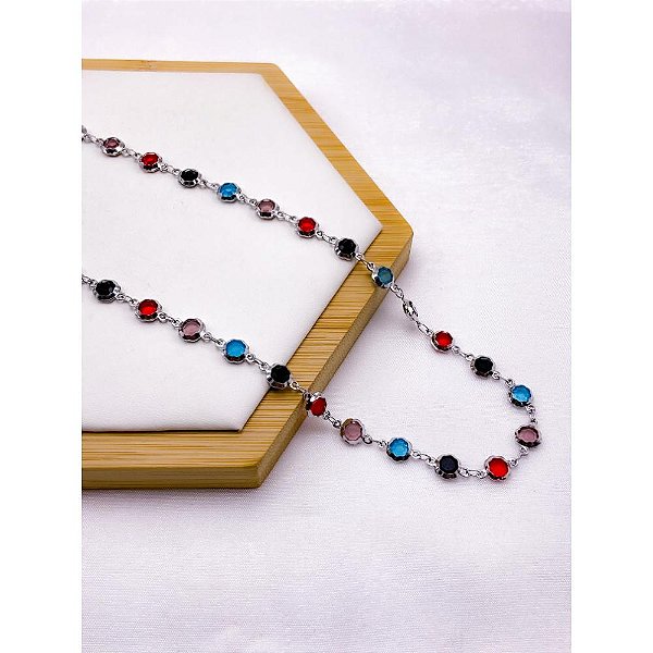 COLAR  AÇO INOXIDÁVEL 45CM PEDRAS COLORIDAS - PRATEADO
