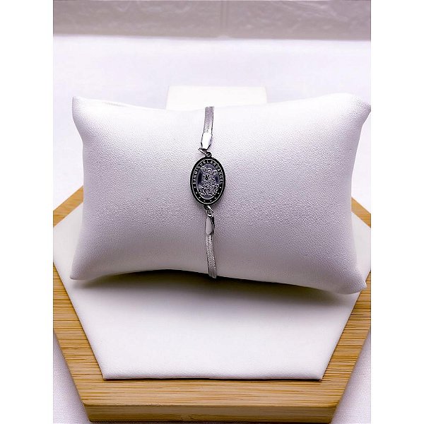 PULSEIRA AÇO INOX FITA SÃO MIGUEL ARCANJO - PRATEADA