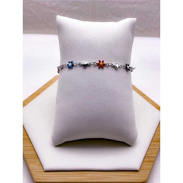 PULSEIRA AÇO INOX CORAÇÃO E FLOR - PRATEADA