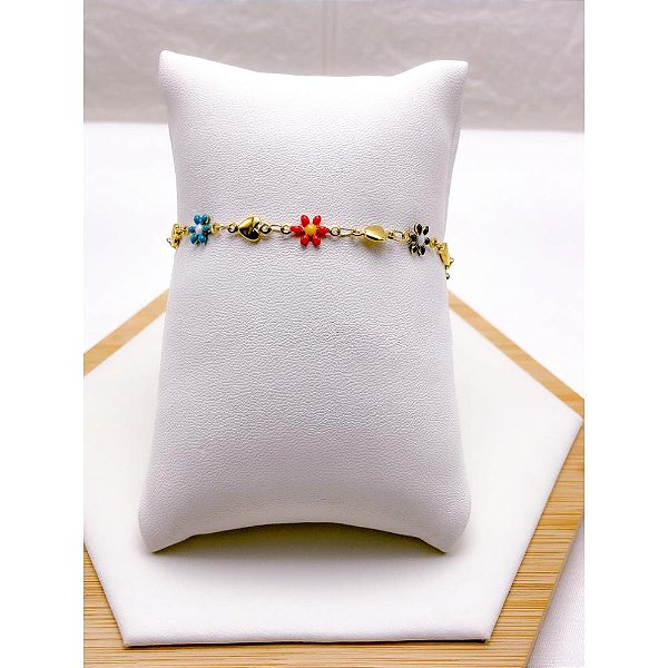 PULSEIRA AÇO INOX CORAÇÃO E FLOR - DOURADA