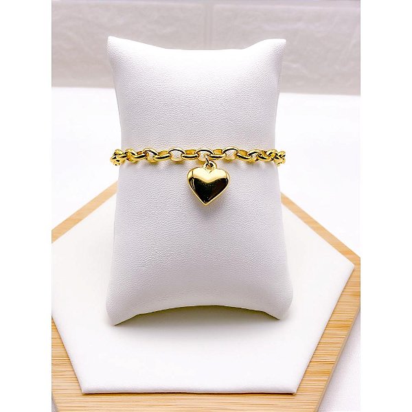 PULSEIRA AÇO INOX ELO PORTUGUES PINGENTE CORAÇÃO - DOURADA
