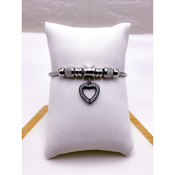PULSEIRA AÇO INOX ESTILO PANDORA BERLOQUE CORAÇÃO STRASS - PRATEADA