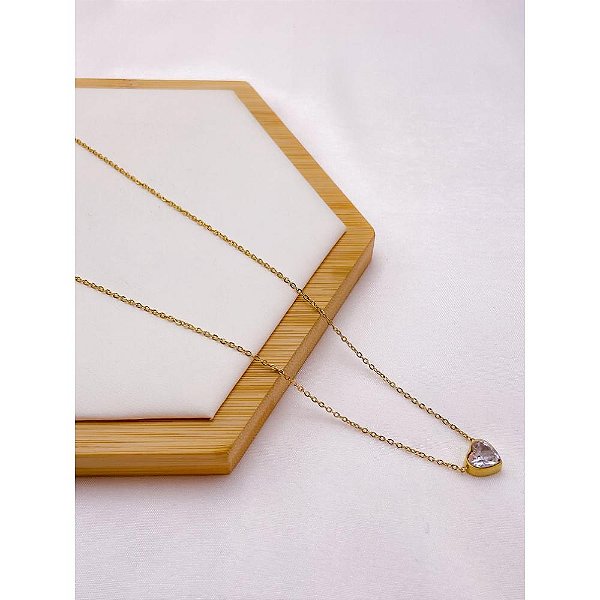 COLAR AÇO INOXIDÁVEL  45CM CORAÇÃO CRISTAL - DOURADO