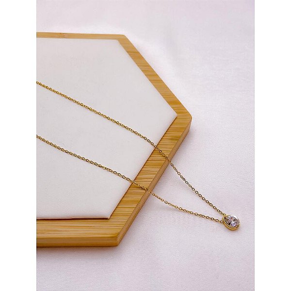 COLAR AÇO INOXIDÁVEL  45CM GOTA CRISTAL - DOURADO
