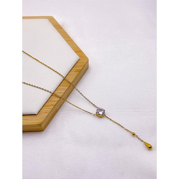 COLAR AÇO INOXIDÁVEL  ESTILO GRAVATINHA 45CM PINGENTE REDONDO CRISTAL - DOURADO