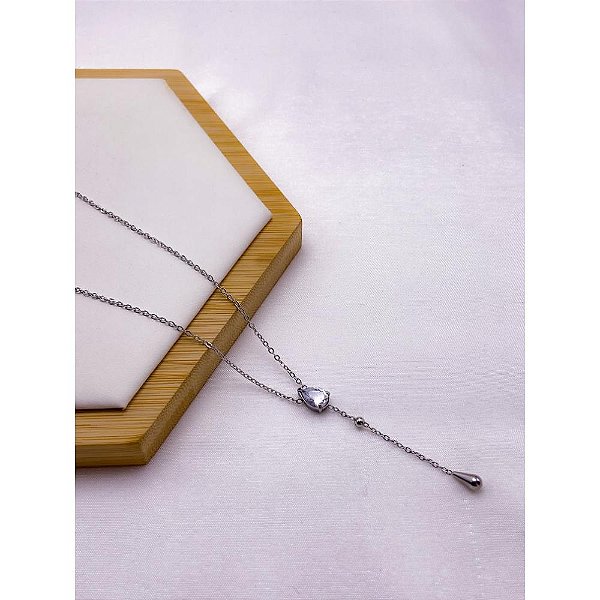 COLAR AÇO INOXIDÁVEL  ESTILO GRAVATINHA 45CM PINGENTE GOTA CRISTAL - PRATEADO
