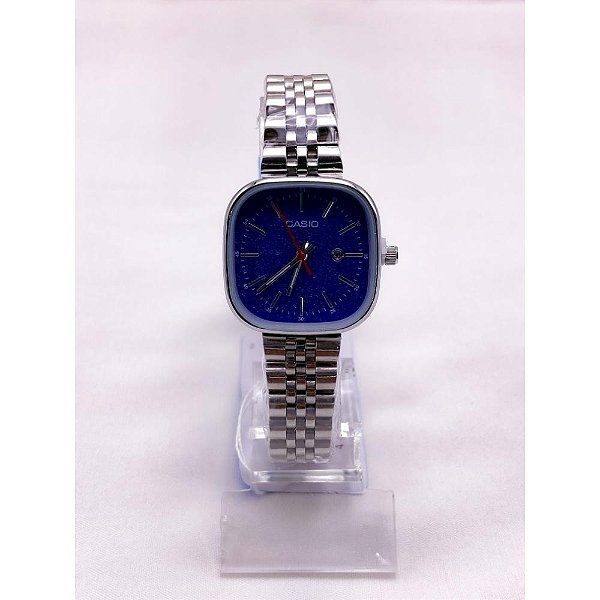 RELÓGIO VINTAGE AÇO INOXIDAVEL FEMININO FUNDO AZUL CANETA - PRATEADO