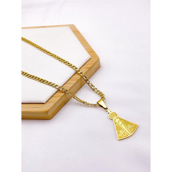 CORRENTE AÇO INOXIDÁVEL GRUMET 60CM PINGENTE NOSSA SENHORA APARECIDA - DOURADO