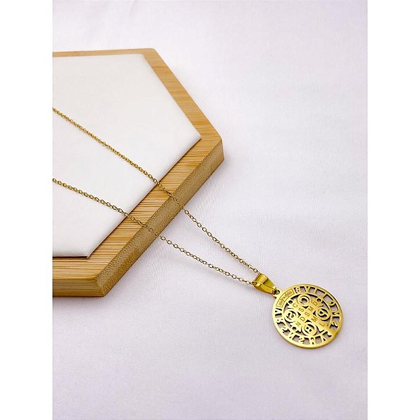COLAR AÇO INOXIDÁVEL 50CM PINGENTE SÃO BENTO - DOURADO