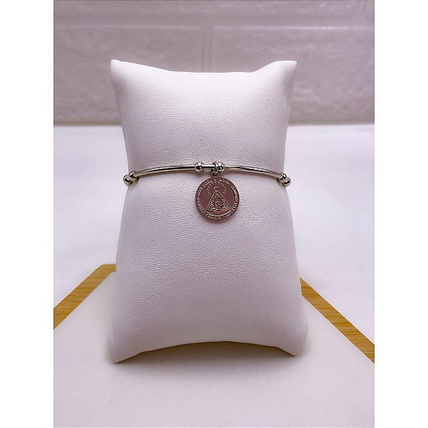 BRACELETE AÇO INOXIDAVEL PINGENTE NOSSA SENHORA APARECIDA - PRATEADO