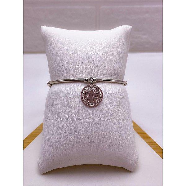 BRACELETE AÇO INOXIDAVEL PINGENTE SÃO BENTO - PRATEADO
