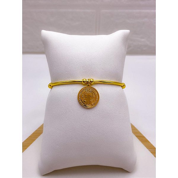 BRACELETE AÇO INOXIDAVEL PINGENTE SÃO BENTO - DOURADO