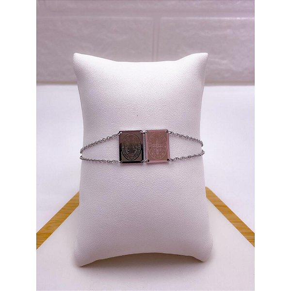 PULSEIRA AÇO INOXIDAVEL ESTILO ESCAPULARIO SÃO BENTO - PRATEADA